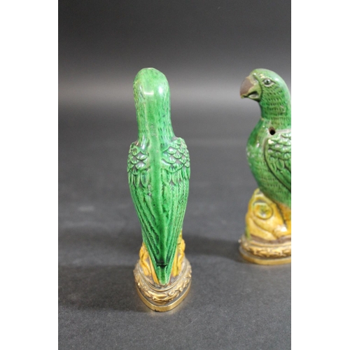 904 - PAIR OF 18THC CHINESE PORCELAIN PARROTS & ORMOLU MOUNTS. A pair of small green glazed Parrots, each ... 