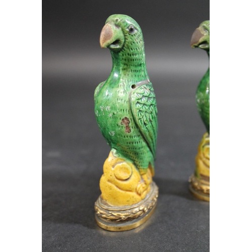 904 - PAIR OF 18THC CHINESE PORCELAIN PARROTS & ORMOLU MOUNTS. A pair of small green glazed Parrots, each ... 