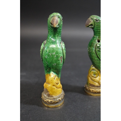 904 - PAIR OF 18THC CHINESE PORCELAIN PARROTS & ORMOLU MOUNTS. A pair of small green glazed Parrots, each ... 