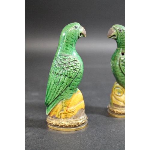 904 - PAIR OF 18THC CHINESE PORCELAIN PARROTS & ORMOLU MOUNTS. A pair of small green glazed Parrots, each ... 