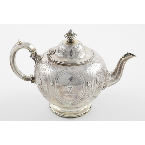 170 - A VICTORIAN TEAPOT. of circular form, with bead borders, a C-scroll handle and a domed cover, profus... 