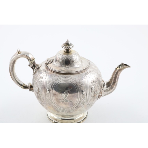 170 - A VICTORIAN TEAPOT. of circular form, with bead borders, a C-scroll handle and a domed cover, profus... 