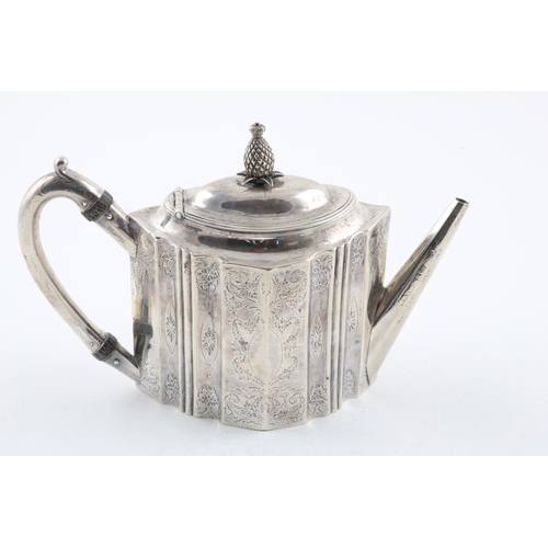 174 - A GEORGE III TEAPOT. of shaped oval outline, with a scroll handle and a domed cover with a pineapple... 