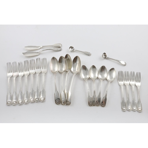 46 - FIDDLE THREAD AND SHELL FLATWARE:-. 7 table forks, 4 table spoons, 4 dessert forks, 4 dessert spoons... 