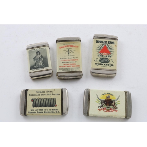 86 - FIVE VARIOUS EARLY 20TH CENTURY CELLULOID VESTA CASES. with celluloid wrap-around advertisements (Ja... 