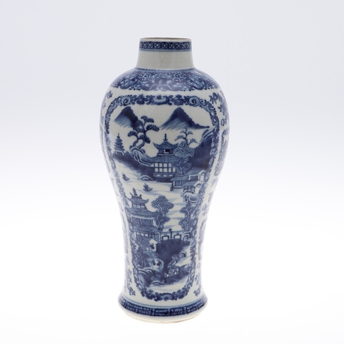 898A - CHINESE EXPORT BLUE & WHITE VASE. A 18thc baluster shaped vase, painted with similar panels of house... 