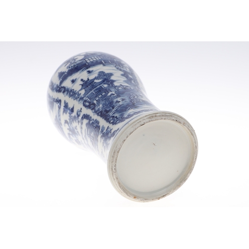 898A - CHINESE EXPORT BLUE & WHITE VASE. A 18thc baluster shaped vase, painted with similar panels of house... 