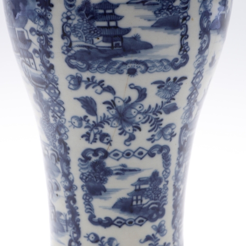 898A - CHINESE EXPORT BLUE & WHITE VASE. A 18thc baluster shaped vase, painted with similar panels of house... 