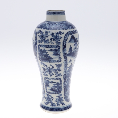 898A - CHINESE EXPORT BLUE & WHITE VASE. A 18thc baluster shaped vase, painted with similar panels of house... 