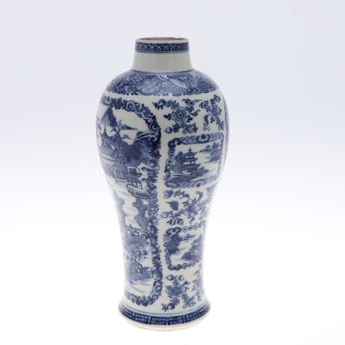 898A - CHINESE EXPORT BLUE & WHITE VASE. A 18thc baluster shaped vase, painted with similar panels of house... 