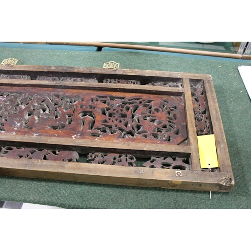 903 - CHINESE CARVED WOODEN PANEL - FIGURES & ANIMALS. Probably late 19thc/early 20thc of rectangular form... 