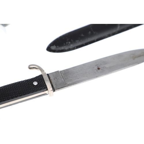 104 - A GERMAN SCOUTS KNIFE AND ANOTHER. A mid 20th Century German scout knife and scabbard with a 14cm po... 