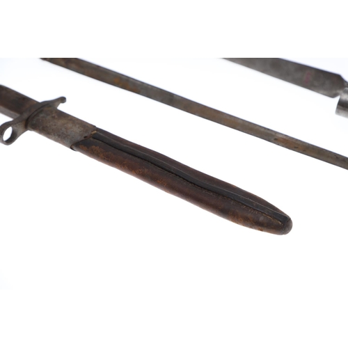 107 - A FIRST WORLD WAR CANADIAN ROSS BAYONET AND SCABBARD AND TWO SOCKET BAYONETS. A Canadian bayonet wit... 