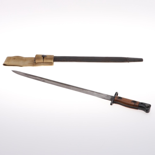 115 - A WILKINSON 1907 BAYONET AND SCABBARD. A 1907 Pattern bayonet with a 43cm pointed, single edged blad... 