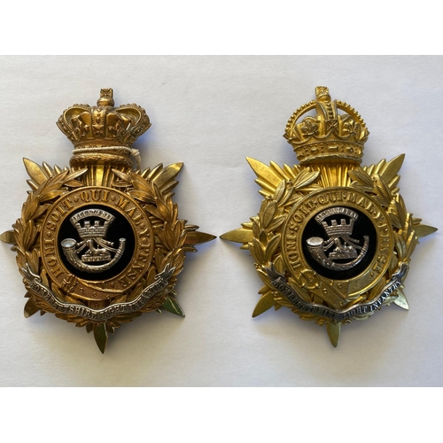 118 - TWO SOMERSET LIGHT INFANTRY HELMET PLATES. A Victorian Officers Cloth Helmet badge for the Somerset ... 