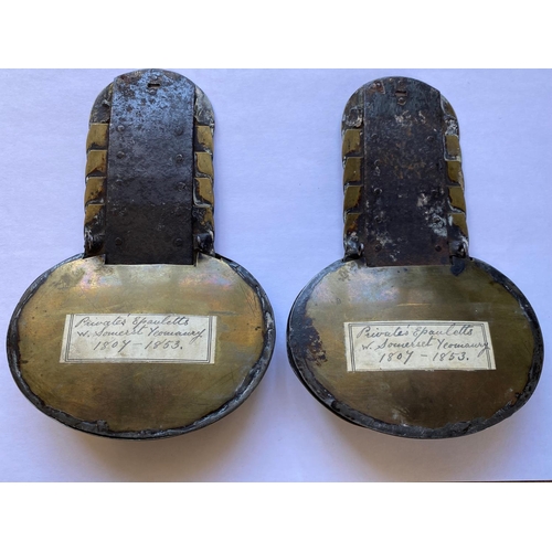 123 - A PAIR OF EARLY 19TH CENTURY WEST SOMERSET YEOMANRY EPAULETTS. A pair of brass epauletts or shoulder... 