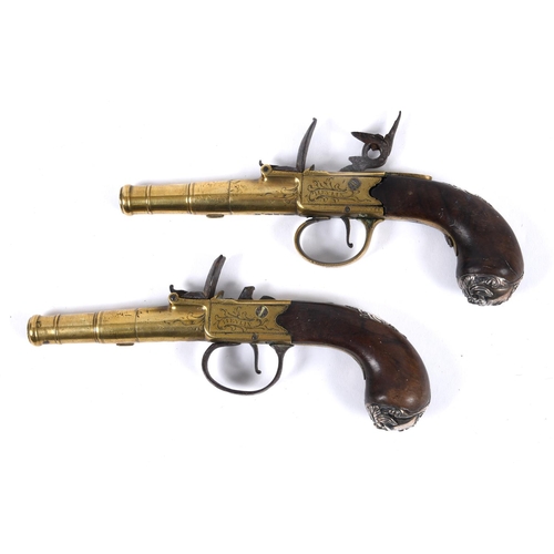 14 - A PAIR OF SILVER MOUNTED 18TH CENTURY FLINTLOCK PISTOLS BY HEYLIN OF CORNHILL. With 5cm tapering cir... 