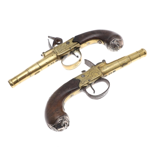 14 - A PAIR OF SILVER MOUNTED 18TH CENTURY FLINTLOCK PISTOLS BY HEYLIN OF CORNHILL. With 5cm tapering cir... 