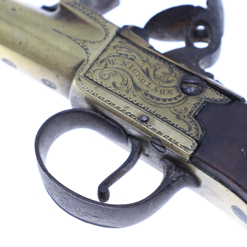 16 - A GEORGE III FLINTLOCK PISTOL BY W. NICKOLSON OF LONDON. With a 7cm screw off tapering barrel, with ... 