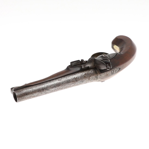 18 - A 19th CENTURY FLINTLOCK PISTOL BY LETT. With a 14cm round barrel with stamped proof marks, the side... 