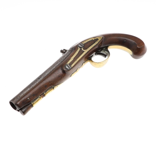 18 - A 19th CENTURY FLINTLOCK PISTOL BY LETT. With a 14cm round barrel with stamped proof marks, the side... 