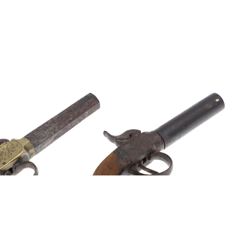 20 - TWO SIMILAR 19TH CENTURY POCKET PISTOLS. A pocket or waistcoat pistol with 7.5cm octagonal barrel an... 