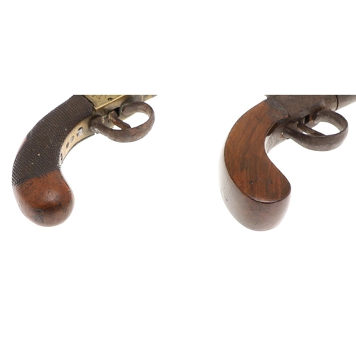 20 - TWO SIMILAR 19TH CENTURY POCKET PISTOLS. A pocket or waistcoat pistol with 7.5cm octagonal barrel an... 