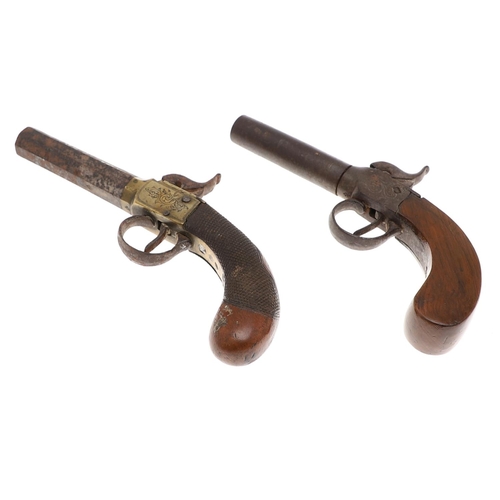 20 - TWO SIMILAR 19TH CENTURY POCKET PISTOLS. A pocket or waistcoat pistol with 7.5cm octagonal barrel an... 