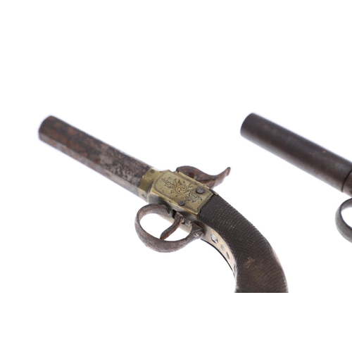 20 - TWO SIMILAR 19TH CENTURY POCKET PISTOLS. A pocket or waistcoat pistol with 7.5cm octagonal barrel an... 