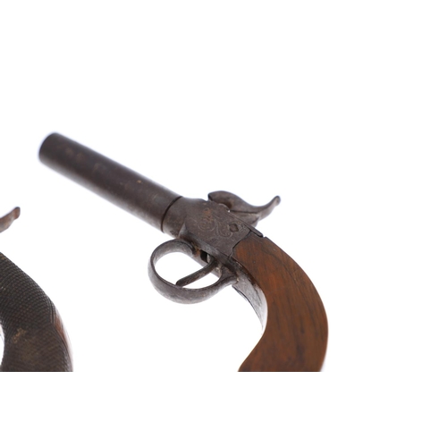 20 - TWO SIMILAR 19TH CENTURY POCKET PISTOLS. A pocket or waistcoat pistol with 7.5cm octagonal barrel an... 