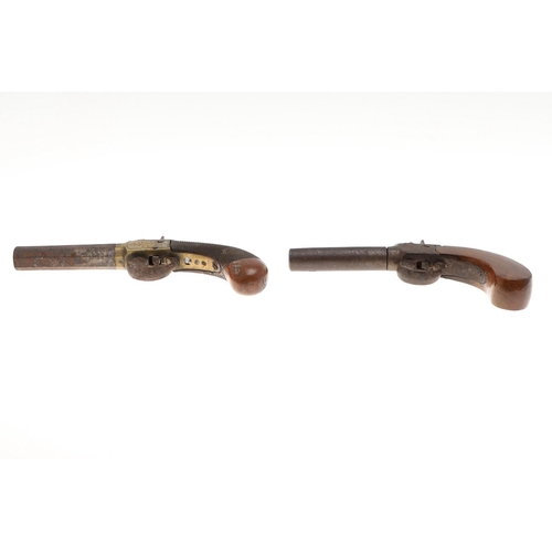 20 - TWO SIMILAR 19TH CENTURY POCKET PISTOLS. A pocket or waistcoat pistol with 7.5cm octagonal barrel an... 