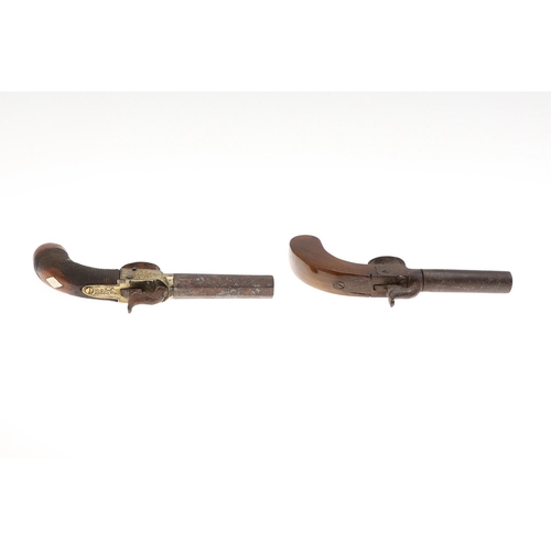 20 - TWO SIMILAR 19TH CENTURY POCKET PISTOLS. A pocket or waistcoat pistol with 7.5cm octagonal barrel an... 