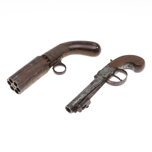 21 - FOUR 19TH CENTURY PISTOLS. A continental pistol with 22cm octagonal barrel with scrolling decoration... 