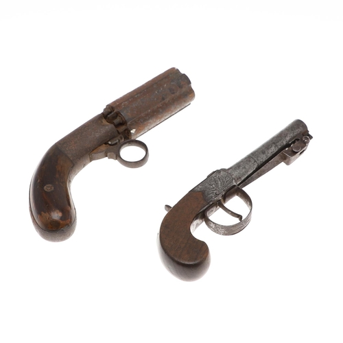 21 - FOUR 19TH CENTURY PISTOLS. A continental pistol with 22cm octagonal barrel with scrolling decoration... 