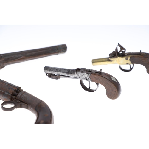 21 - FOUR 19TH CENTURY PISTOLS. A continental pistol with 22cm octagonal barrel with scrolling decoration... 