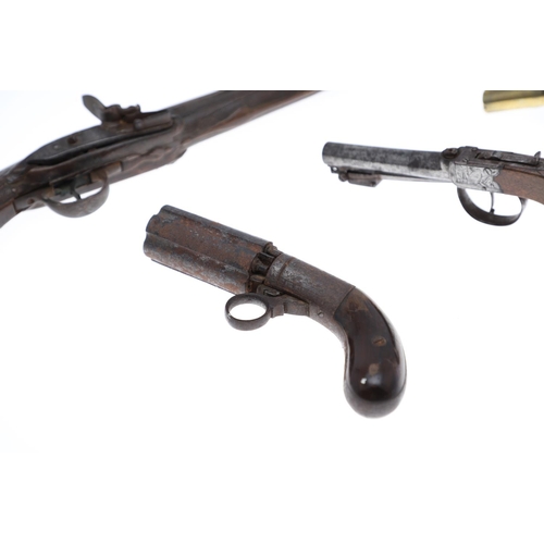 21 - FOUR 19TH CENTURY PISTOLS. A continental pistol with 22cm octagonal barrel with scrolling decoration... 