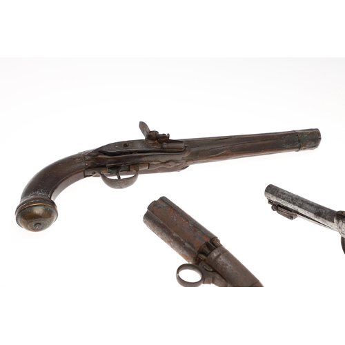 21 - FOUR 19TH CENTURY PISTOLS. A continental pistol with 22cm octagonal barrel with scrolling decoration... 