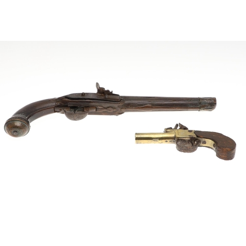 21 - FOUR 19TH CENTURY PISTOLS. A continental pistol with 22cm octagonal barrel with scrolling decoration... 