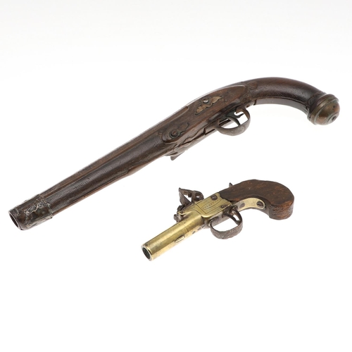 21 - FOUR 19TH CENTURY PISTOLS. A continental pistol with 22cm octagonal barrel with scrolling decoration... 