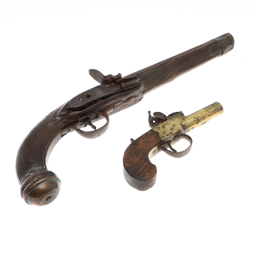 21 - FOUR 19TH CENTURY PISTOLS. A continental pistol with 22cm octagonal barrel with scrolling decoration... 