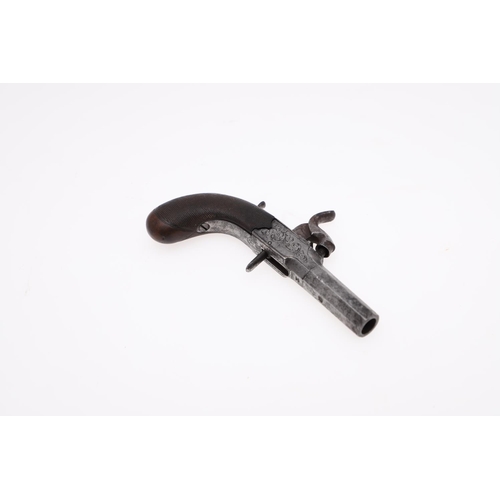 24 - A 19TH CENTURY LADIES MUFF PISTOL. With a 3.5cm screw fitted octagonal barrel, with retracting trigg... 