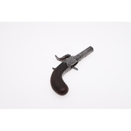 24 - A 19TH CENTURY LADIES MUFF PISTOL. With a 3.5cm screw fitted octagonal barrel, with retracting trigg... 