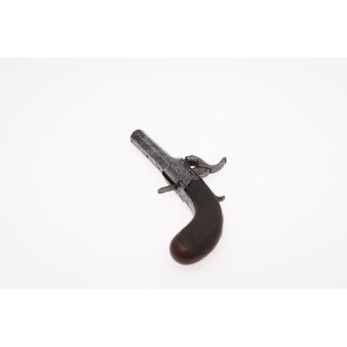 24 - A 19TH CENTURY LADIES MUFF PISTOL. With a 3.5cm screw fitted octagonal barrel, with retracting trigg... 