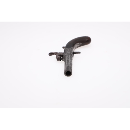 24 - A 19TH CENTURY LADIES MUFF PISTOL. With a 3.5cm screw fitted octagonal barrel, with retracting trigg... 