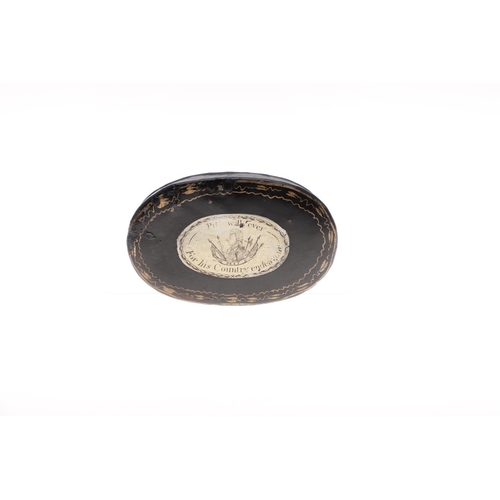 432 - A LATE 18TH CENTURY TOLE WARE BOX: 'PITT WILL EVER'. An oval toleware box, the lid with scrolling gi... 