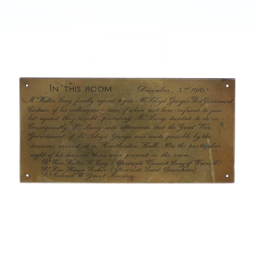 434 - HISTORIC FIRST WORLD WAR INTEREST: PLAQUE COMMEMORATING THE FORMATION OF THE GREAT WAR GOVERNMENT. A... 