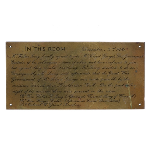 434 - HISTORIC FIRST WORLD WAR INTEREST: PLAQUE COMMEMORATING THE FORMATION OF THE GREAT WAR GOVERNMENT. A... 