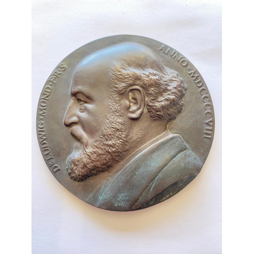 468 - A LARGE CASED LAUDATORY MEDAL FOR LUDWIG MOND. A large bronze medal commemorating the 70th birthday ... 