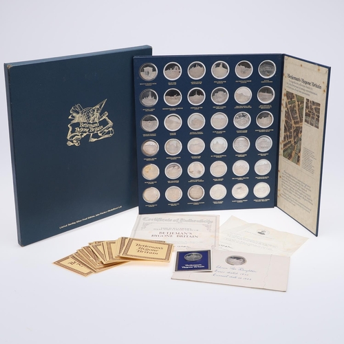 490 - BETJEMAN'S BYGONE BRITAIN 36 SILVER ARCHITECTURAL MEDALS. A set of 36 silver medals featuring differ... 