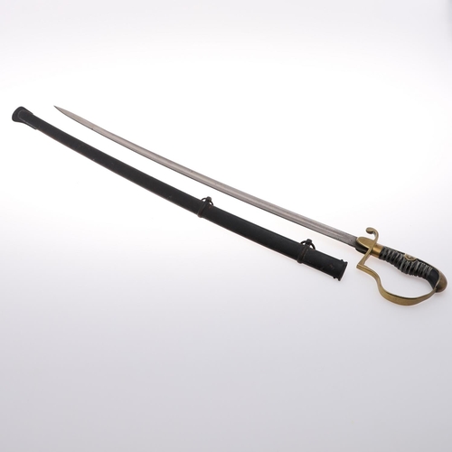 63 - A GERMAN ARTILLERY OFFICERS SWORD AND SCABBARD. With a 71cm pointed blade with sharpened edge and fu... 